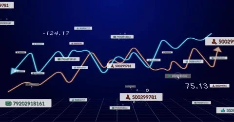 Displaying data trends in virtual 3D grid featuring cyan and orange lines wit Stock Illustration