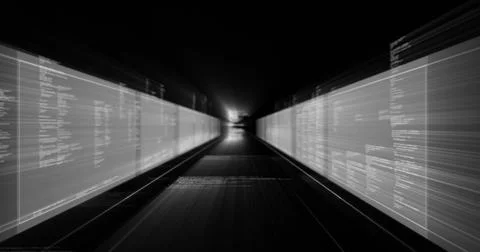 Displaying data tunnel converging on bright center, translucent panels stream Stock Illustration