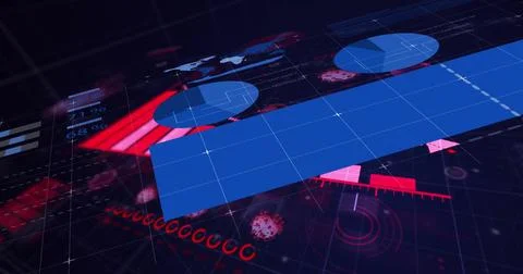 Displaying data view on digital panel, featuring bar chart, world map and virus Stockfoto's