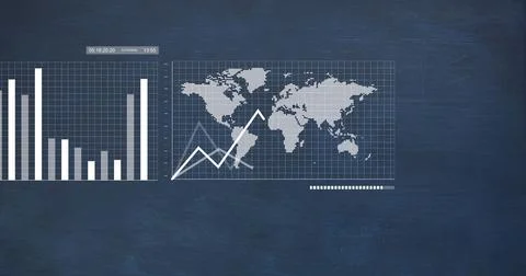 Displaying data visual panels on dark-blue slate board, with bar chart, dotted Stock Photos