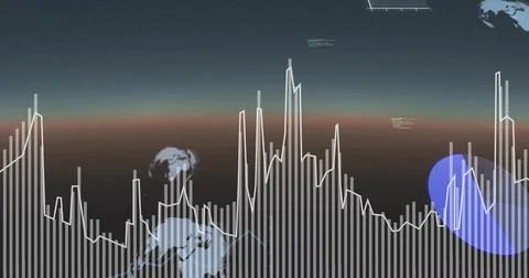Displaying data visual showing vertical bars, white line, globe motifs at dig Stock Photos