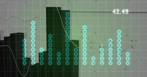 Displaying data visual with skyline silhouette on dashboard, showing turquois Foto stock