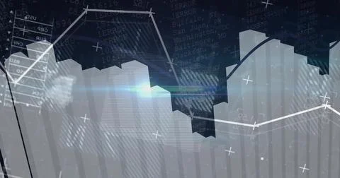 Displaying data visualization animating on virtual dashboard, with 3D bars, line Illustrazione stock