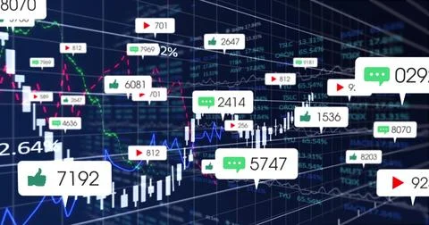 Displaying data visualization of candlestick bars and trends in dark dashboard, Stock Photos