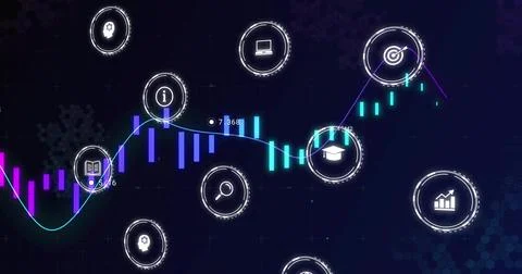Displaying data visualization centered at dashboard, showing candlestick bars, Illustrazione stock