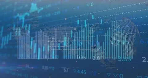 Displaying data visualization centered on dashboard, with dotted map, Stock Photos