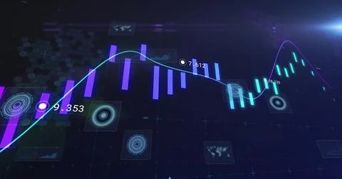 Displaying data visualization on console with neon bars, lines, radar and Stock Photos