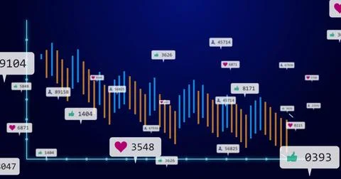 Displaying data visualization on dark blue backdrop with axes, orange and blue Foto stock