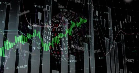 Displaying data visualization on dark grid, showing financial charts, numeric Stock Photos