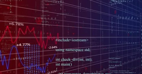 Displaying data visualization on dark grid dashboard, with red blue line charts Stockfoto's