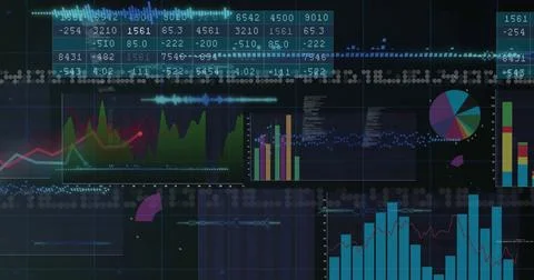 Displaying data visualization dashboard on computer screen, with numeric tables 스톡 사진