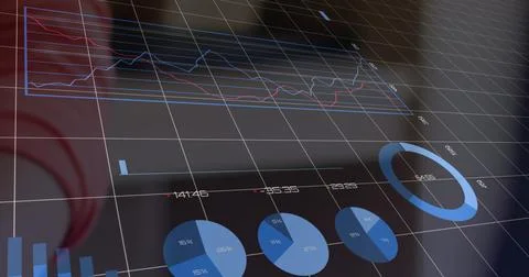 Displaying data visualization dashboard in control room, with 3D wireframe grid Stock Photos