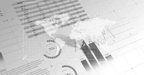Displaying data visualization dashboard on screen, with world map, INDEX table, Stock Photos