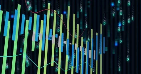 Displaying data visualization in dashboard, showing bars, red and cyan trend Stock Photos