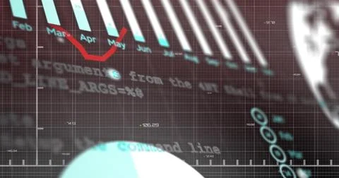 Displaying data visualization on digital dashboard, showing teal Feb–Jul bars, Illustrazione stock