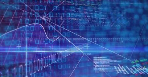 Displaying data visualization floating in grid space, with binary code and 库存插图
