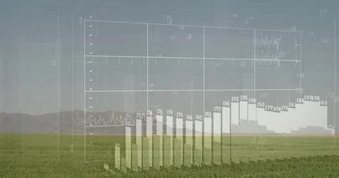 Displaying data visualization hovering over green grass plain, featuring bar Stock Photos