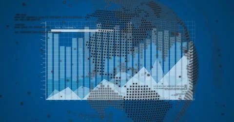Displaying data visualization over blue dashboard, with dotted globe, data Stock Photos