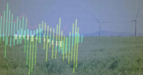 Displaying data visualization over wind farm with wind turbines, bar and line Stockfoto's