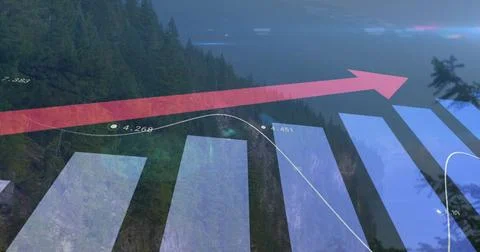 Displaying data-visualization overlay covering foggy mountain valley, with red 스톡 사진