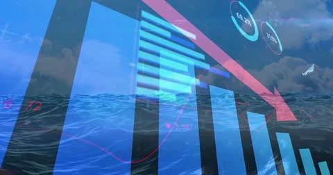 Displaying data visualization overlay merging sea waves with vertical bar chart Stock Illustration