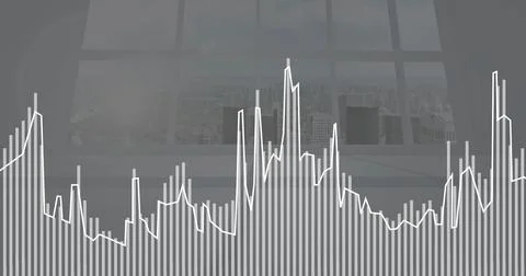 Displaying data visualization overlaying office window, with grey bar chart and Stock Photos