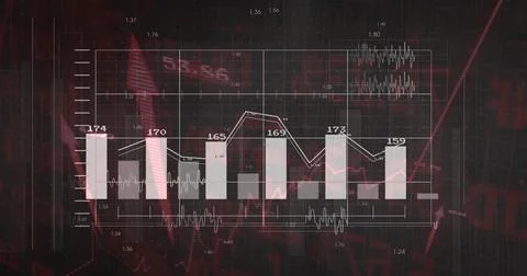 Displaying data visualization panel on red interface, with six bars, line graph Stock Illustration