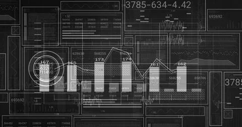 Displaying data visualization showing faint bar charts with overlaid line graph Stock Illustration