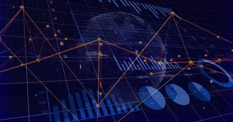 Displaying data visualization in virtual dashboard, showing dotted globe, blue Illustrazione stock