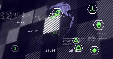 Displaying data visualization on virtual interface, with globe hexagonal icon Stockfoto's