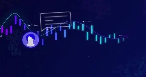 Displaying data visualization weaving line through glowing bars on dashboard, Stock Photos