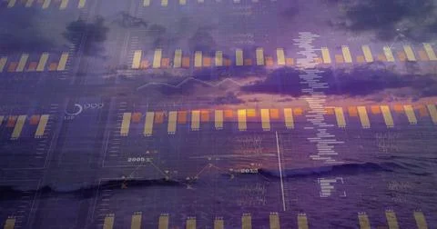 Displaying data visualizations merging dusk ocean scene, with bar charts, line 스톡 일러스트