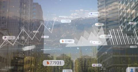 Displaying data visualizations over urban canyon, with line and area charts, Stock Photos