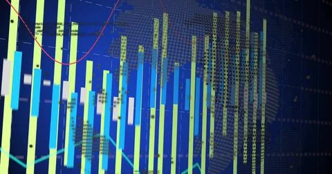 Displaying data visuals occupying center of blue screen, with vertical bar Ilustração Stock