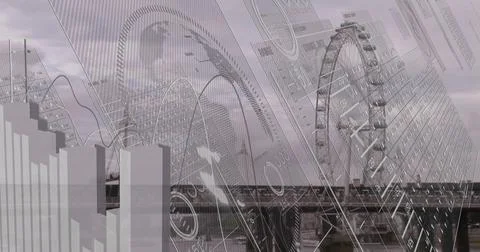 Displaying data visuals with world map silhouette over river bridge near Ferris 스톡 사진