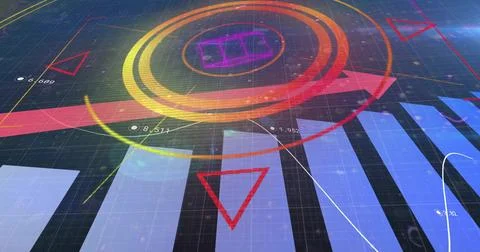 Displaying data-viz elements rising on dark grid plane, with bars, rings, arrow, 스톡 사진