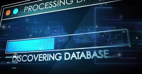 Displaying data-viz interface in software HUD, revealing DISCOVERING DATABASE Illustrazione stock