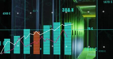 Displaying data viz overlaying datacenter aisle, turquoise bars with orange Stock Illustration