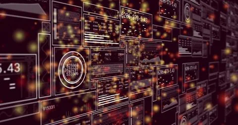 Displaying data wall panels receding in virtual dashboard, showing circular 스톡 일러스트