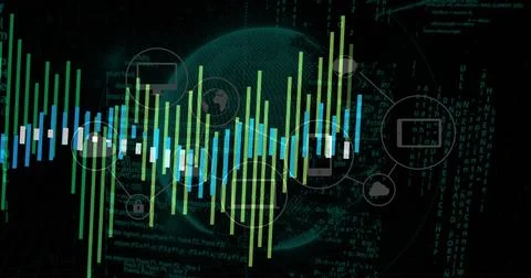 Displaying data waveform bars around wireframe globe in dark digital interface, Stock Photos
