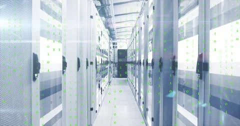 Displaying datacenter corridor hosting server rack cabinets and network 库存照片