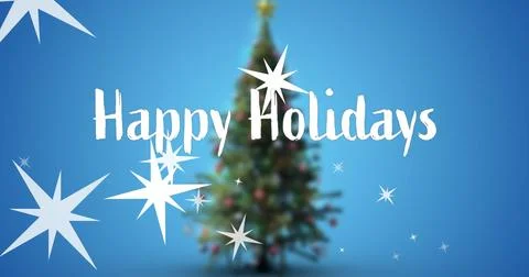 Displaying decorated Christmas tree star-topped, sitting in blue gradient, Happy Stockillustratie
