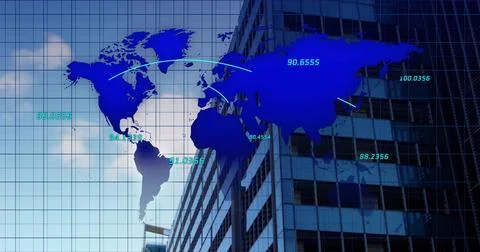 Displaying deep-blue world map across high-rise building glass, with cyan 스톡 사진