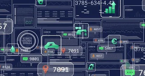 Displaying dense analytics dashboard streaming live data on dark navy canvas, Stockillustratie