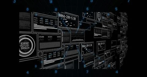 Displaying dense array of digital panels in virtual corridor, showing charts, Illustrazione stock
