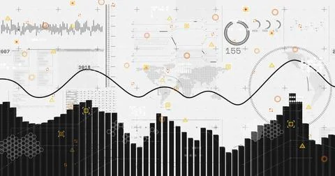 Displaying dense black bar histogram on analytics dashboard, showing trend line Stock Photos