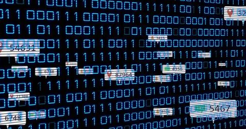 Displaying dense blue binary grid with translucent numeric label boxes and 库存插图