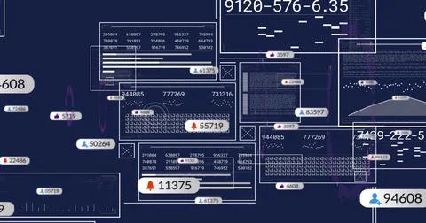 Displaying dense cluster of data panels on dark navy canvas, showing badges, イラスト素材