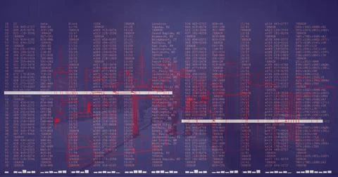Displaying dense data dashboard showing monospace code columns and red trace 스톡 사진