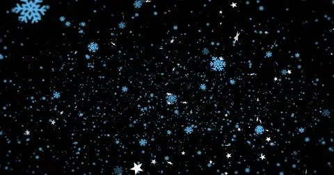 Displaying dense field of blue snowflakes, small blue dots, white stars on black 库存插图